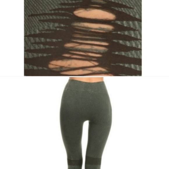 Army Green Distressed Leggings;Tummy Control Waist - Picture 2 of 4